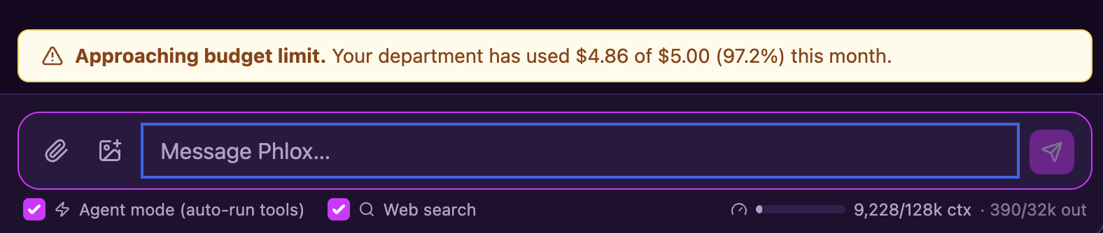 In-app banner warning that the department has used 97.2 percent of its monthly budget