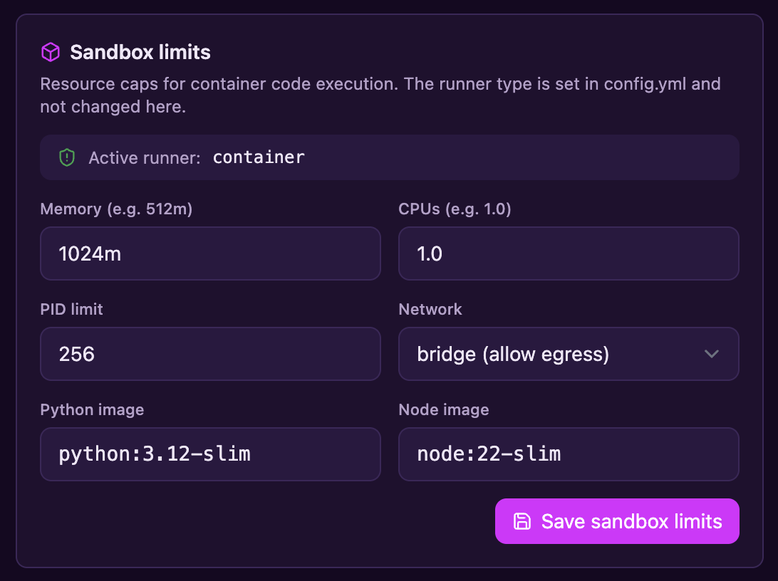 Sandbox limits panel with container memory, CPU, PID, and network controls