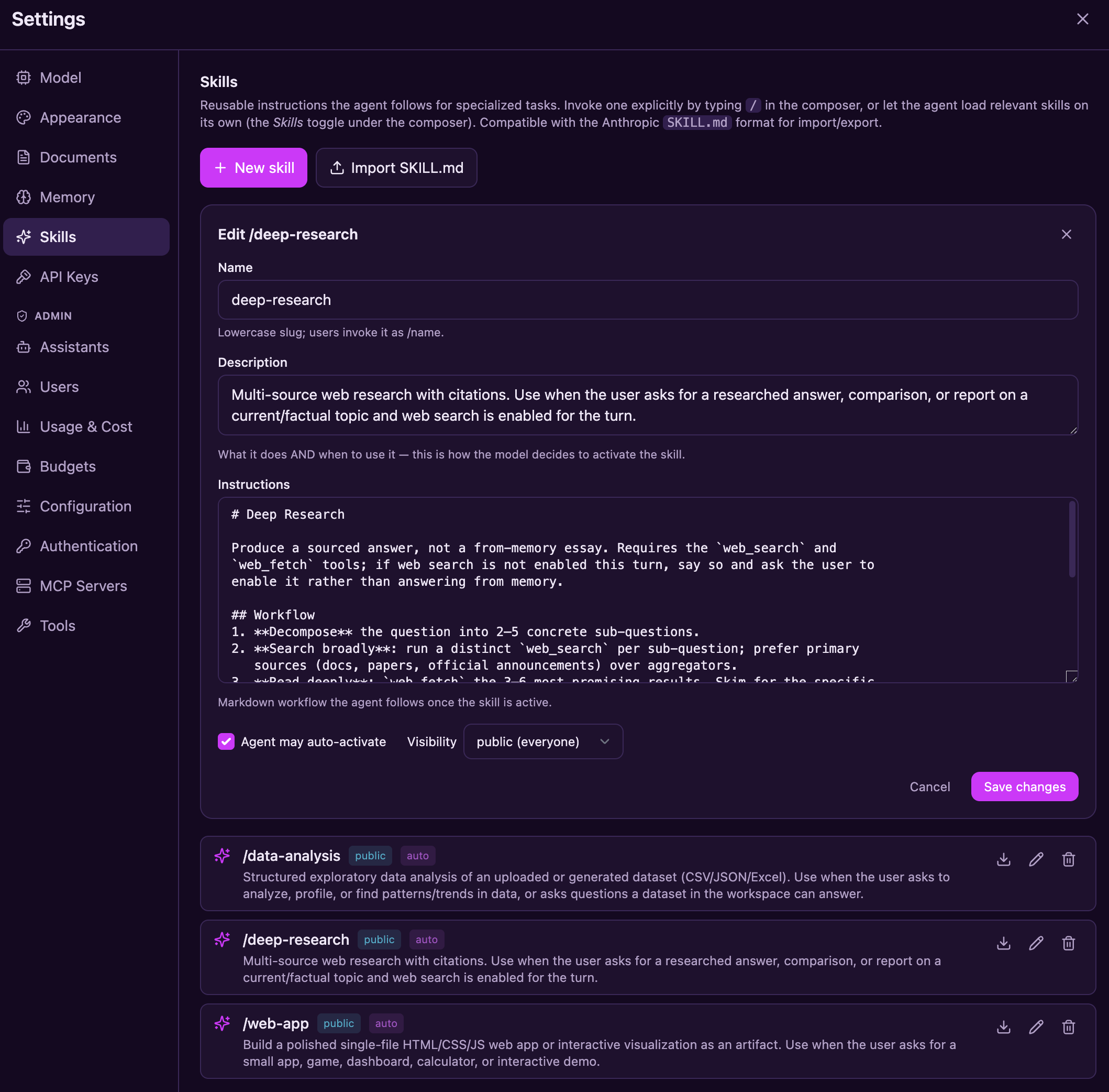 The Settings Skills panel: a skill editor with a Name slug, a Description that drives auto-activation, a Markdown instructions workflow, an 'Agent may auto-activate' checkbox, and public/private visibility — above a list of the seeded data-analysis, deep-research, and web-app skills