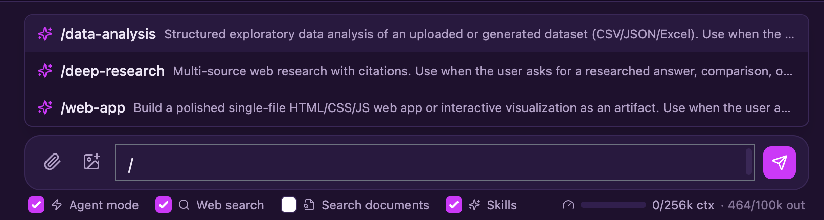 The chat composer with the slash-command skill picker open, listing the data-analysis, deep-research, and web-app skills above the input, with a Skills toggle among the composer controls